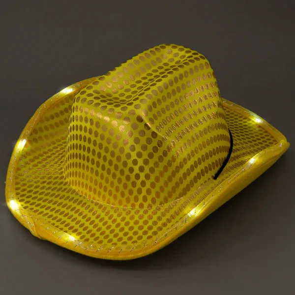 LED Light Up Flashing Sequin Blue & Gold Cowboy Hat - Pack of 2 Hats