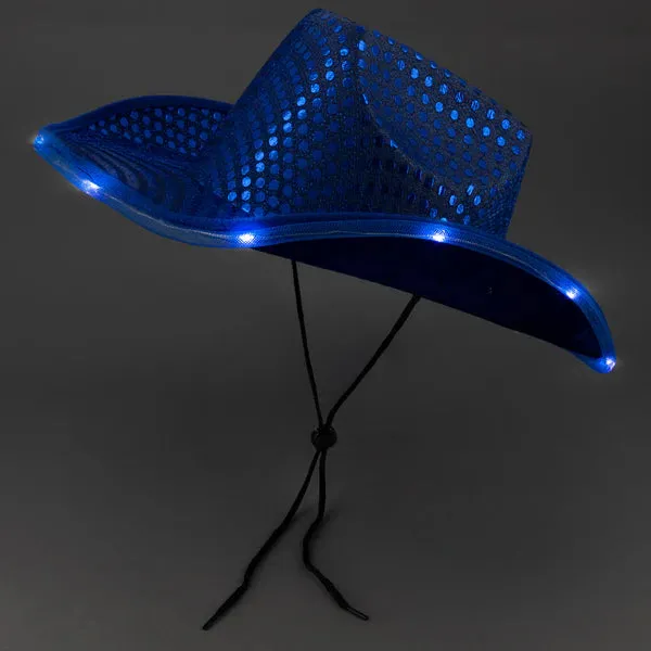 LED Light Up Flashing Sequin Blue & Gold Cowboy Hat - Pack of 2 Hats
