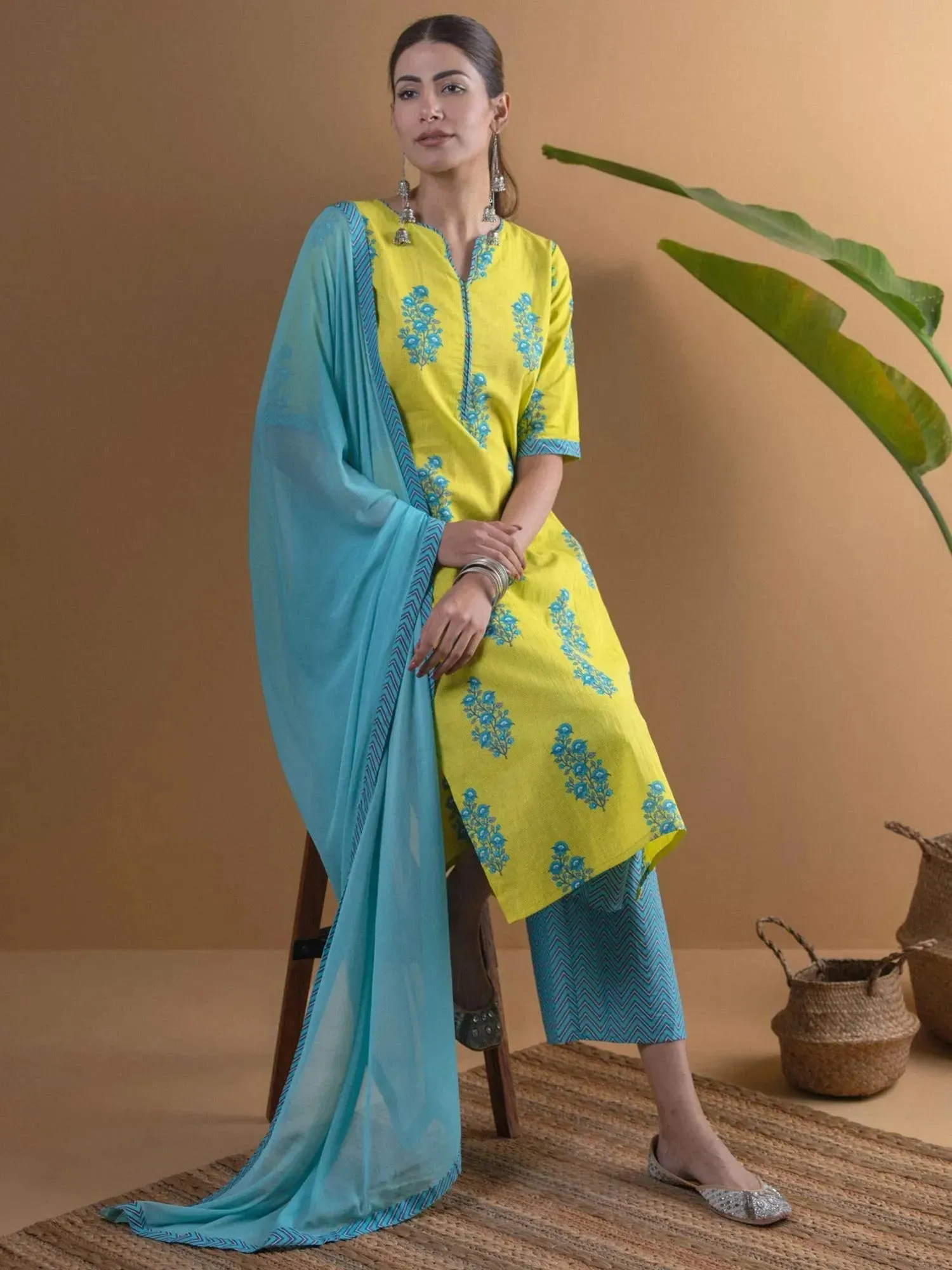 Lime Green Printed Cotton Straight Kurta With Palazzos & Dupatta