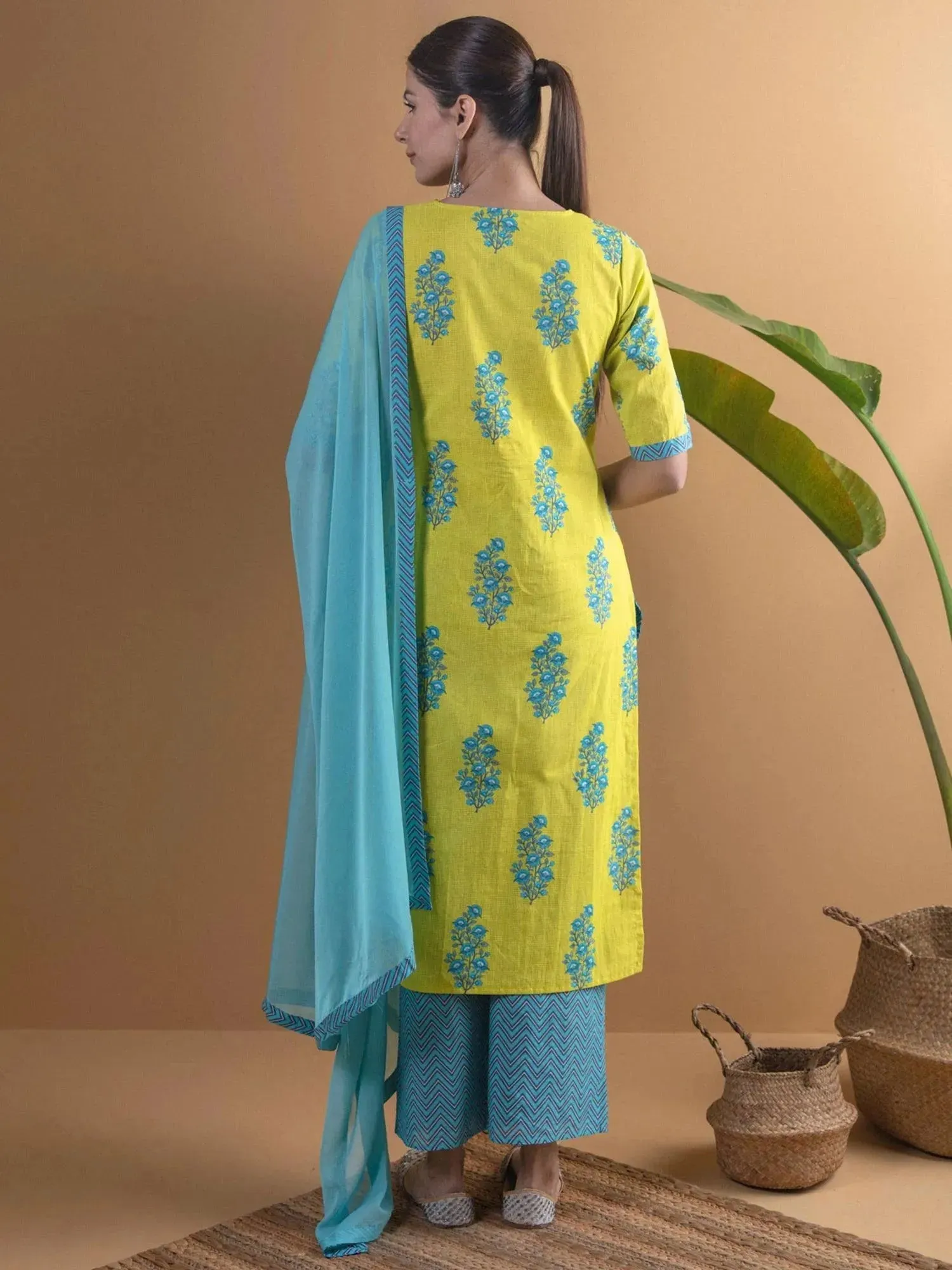 Lime Green Printed Cotton Straight Kurta With Palazzos & Dupatta