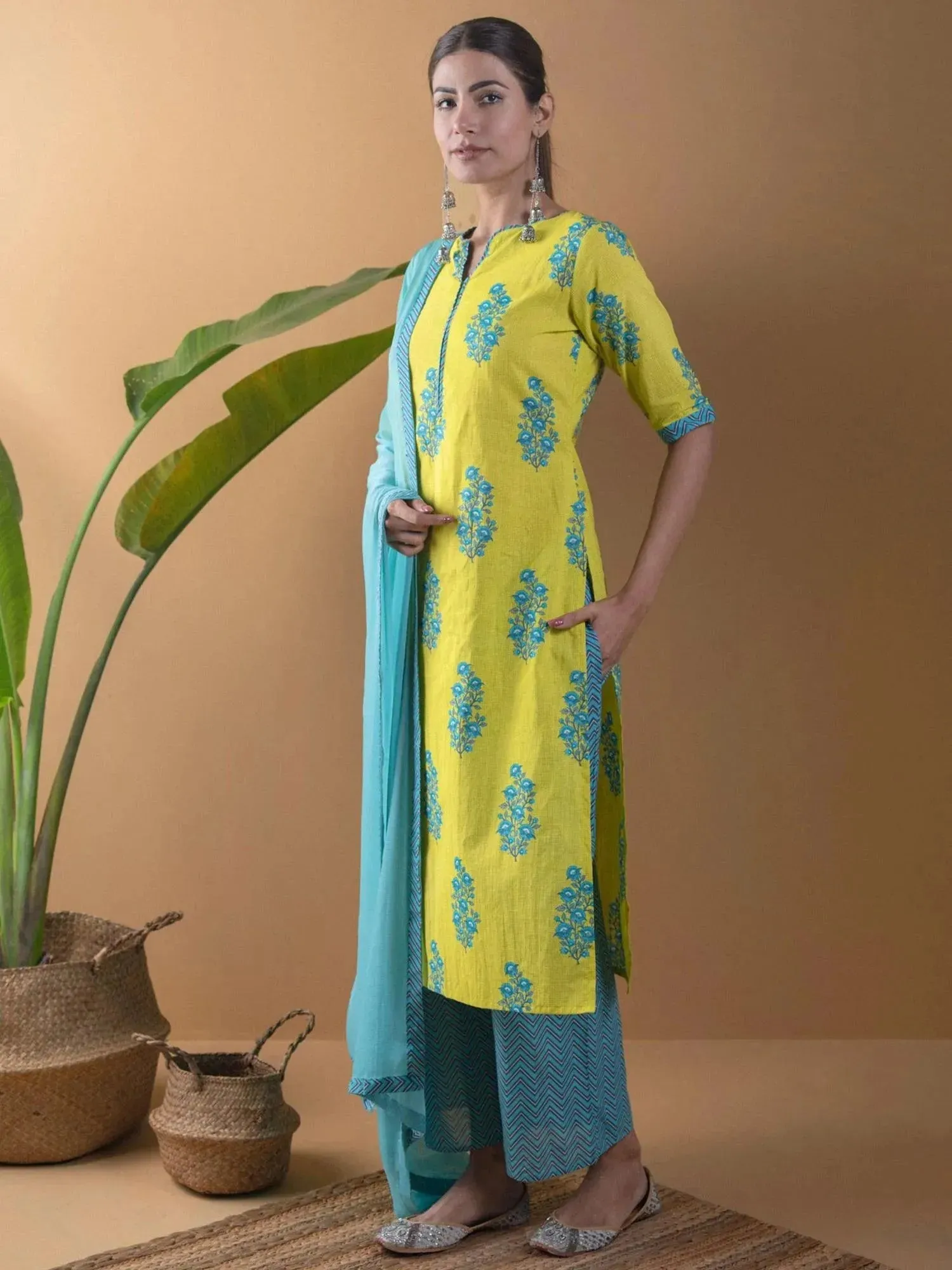 Lime Green Printed Cotton Straight Kurta With Palazzos & Dupatta