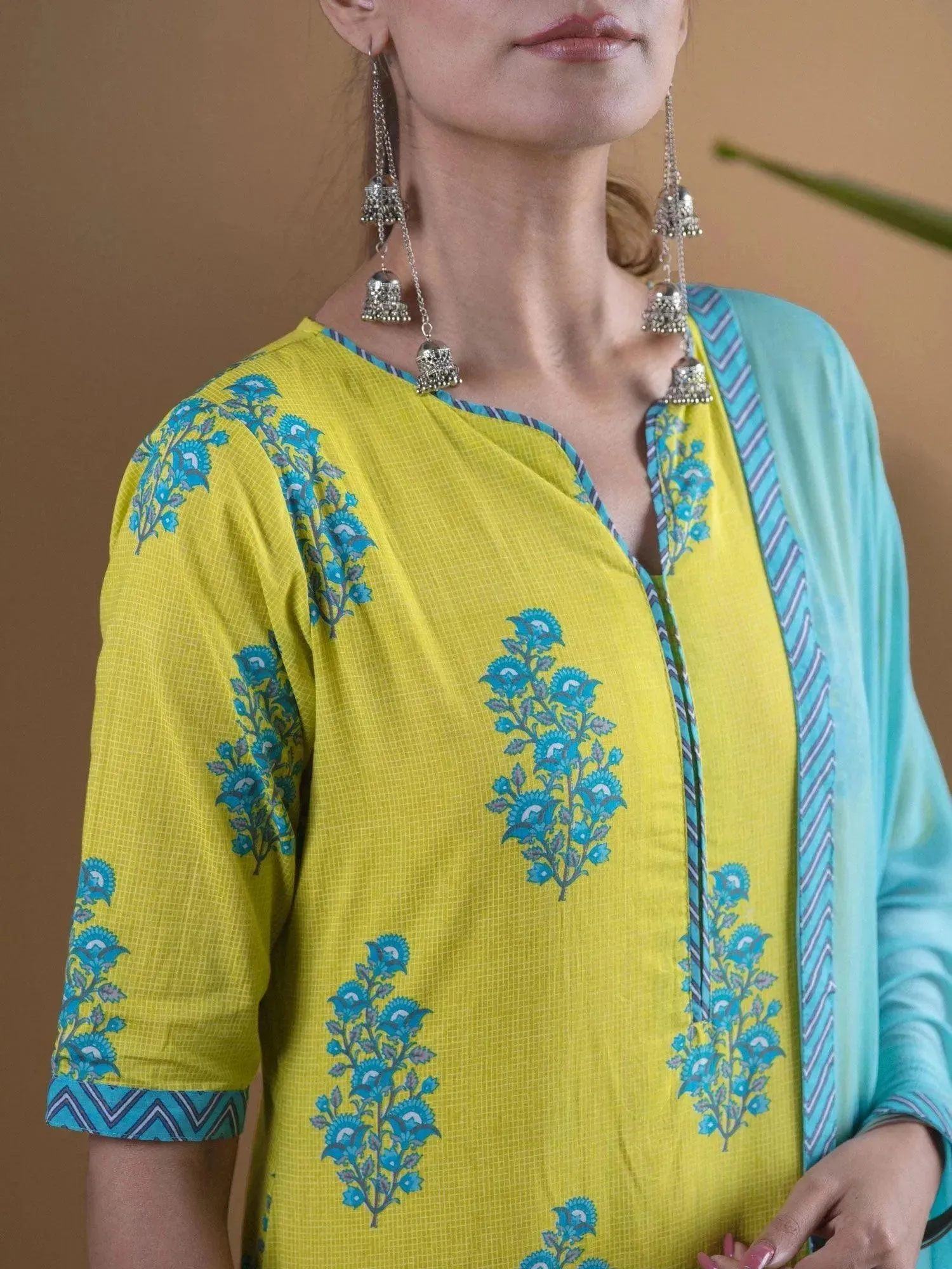 Lime Green Printed Cotton Straight Kurta With Palazzos & Dupatta