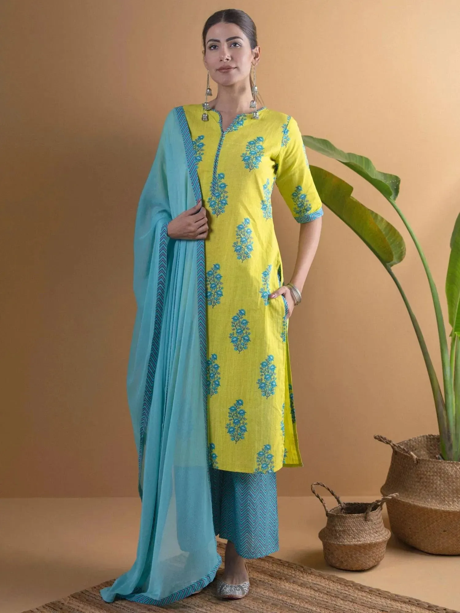 Lime Green Printed Cotton Straight Kurta With Palazzos & Dupatta