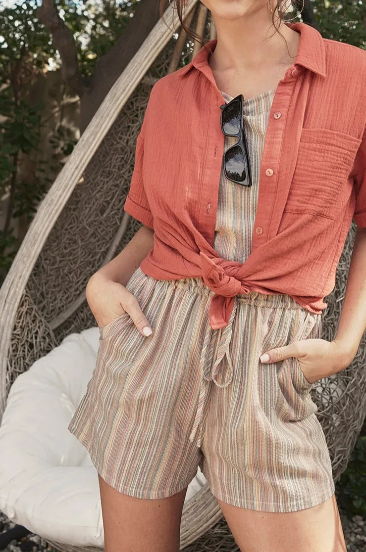Linen Blend Short Sleeve Shirt in Burnt Coral