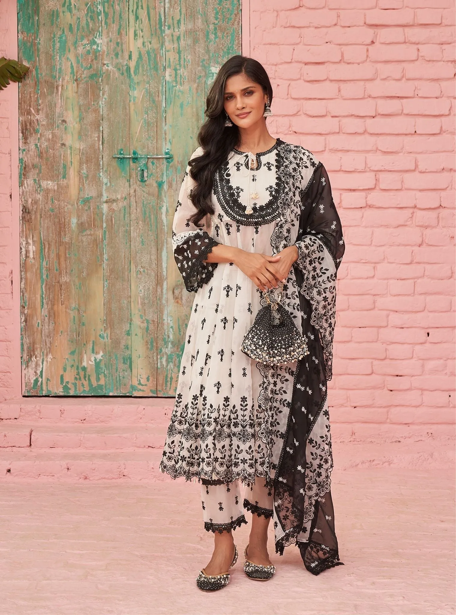 Mulmul Organza Sybil Off White Anarkali Kurta With Mulmul Cotton Sybil Off White Pant