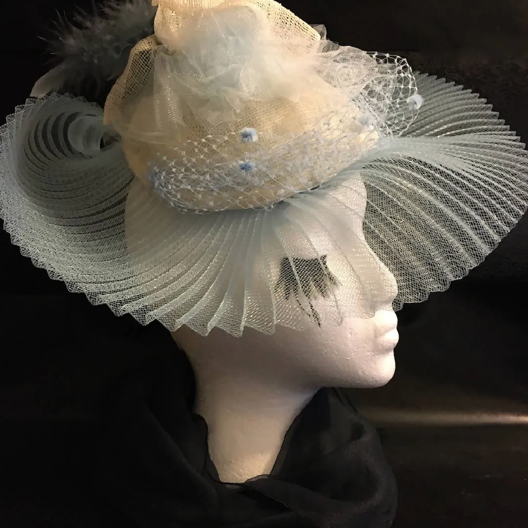 Pale Blue hat-like Fascinator with elegant pleated brim: Easter, Wedding, Raceday, Ascot "CRYSTAL BLUE ENCHANTMENT"