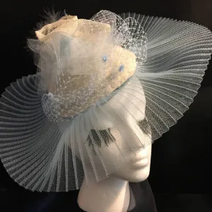 Pale Blue hat-like Fascinator with elegant pleated brim: Easter, Wedding, Raceday, Ascot "CRYSTAL BLUE ENCHANTMENT"