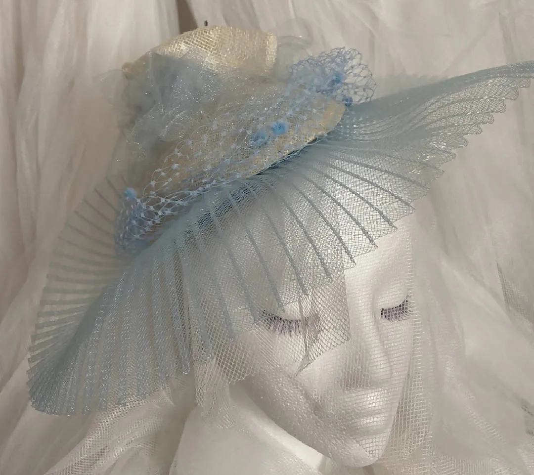 Pale Blue hat-like Fascinator with elegant pleated brim: Easter, Wedding, Raceday, Ascot "CRYSTAL BLUE ENCHANTMENT"