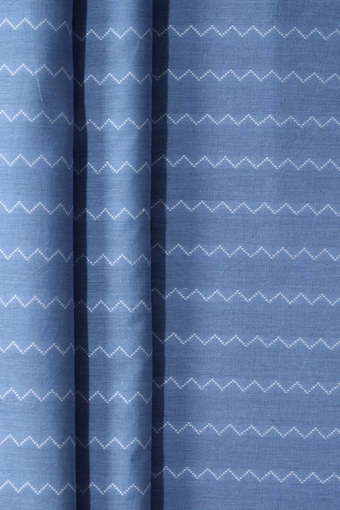 Pastel Blue And White Chevron Pattern On Handwoven Organic Cotton Fabric