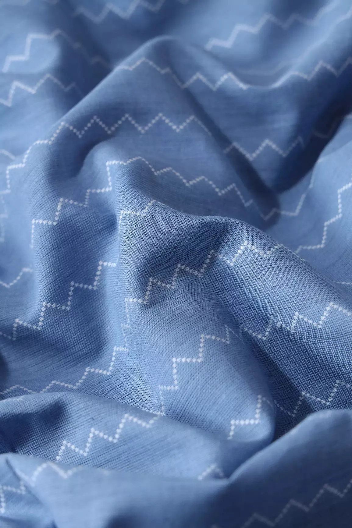 Pastel Blue And White Chevron Pattern On Handwoven Organic Cotton Fabric