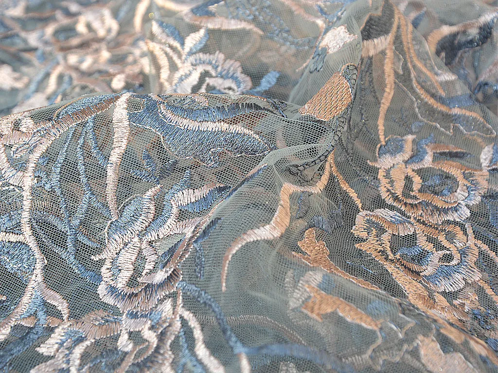 Peach & Blue Floral Thread Embroidered Glitter Net Fabric