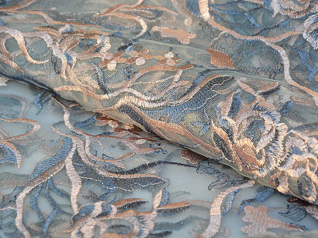 Peach & Blue Floral Thread Embroidered Glitter Net Fabric