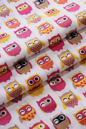Pink And Yellow Quirky Pattern Print On Off White Pure Cotton Fabric