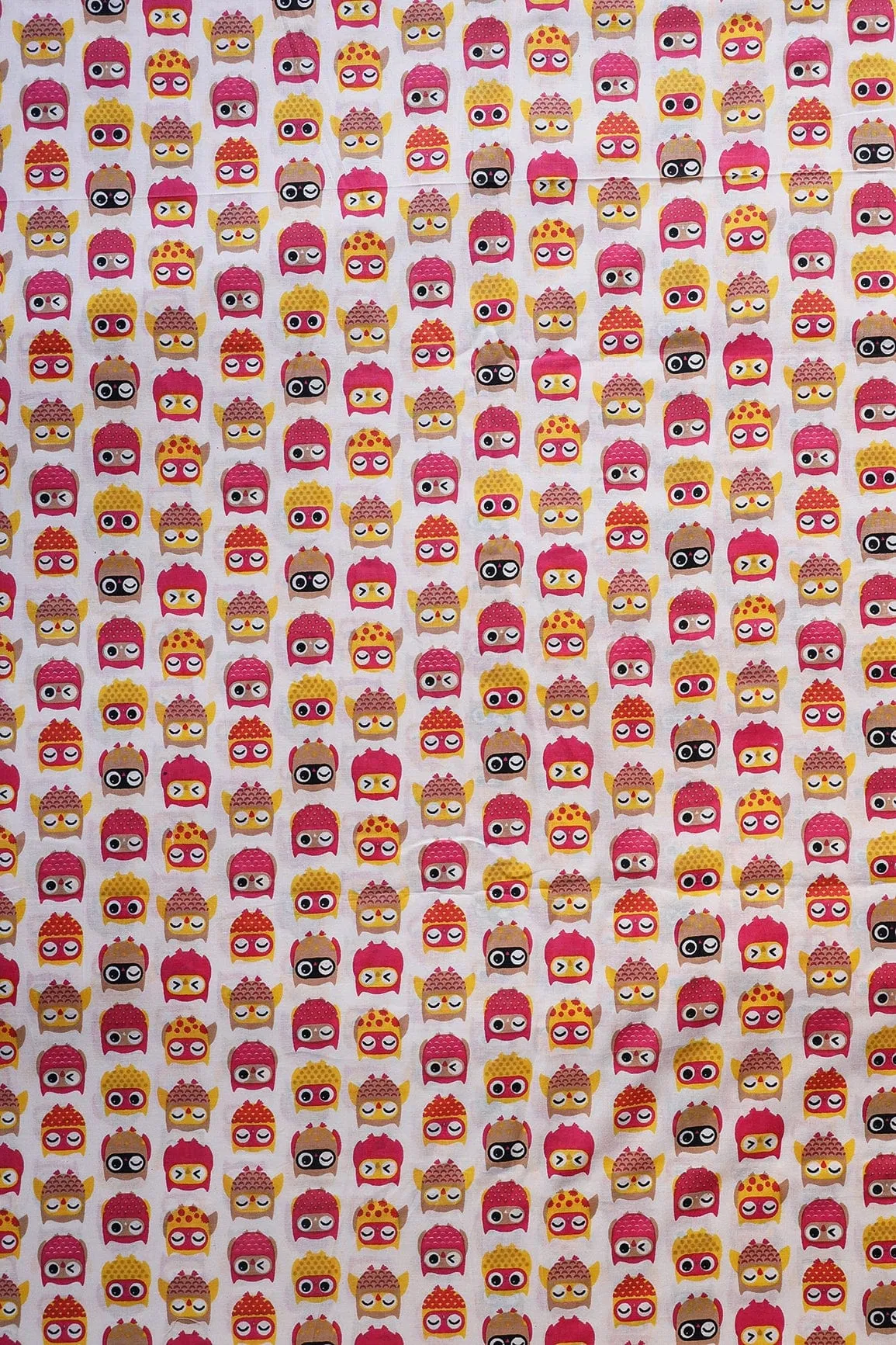Pink And Yellow Quirky Pattern Print On Off White Pure Cotton Fabric