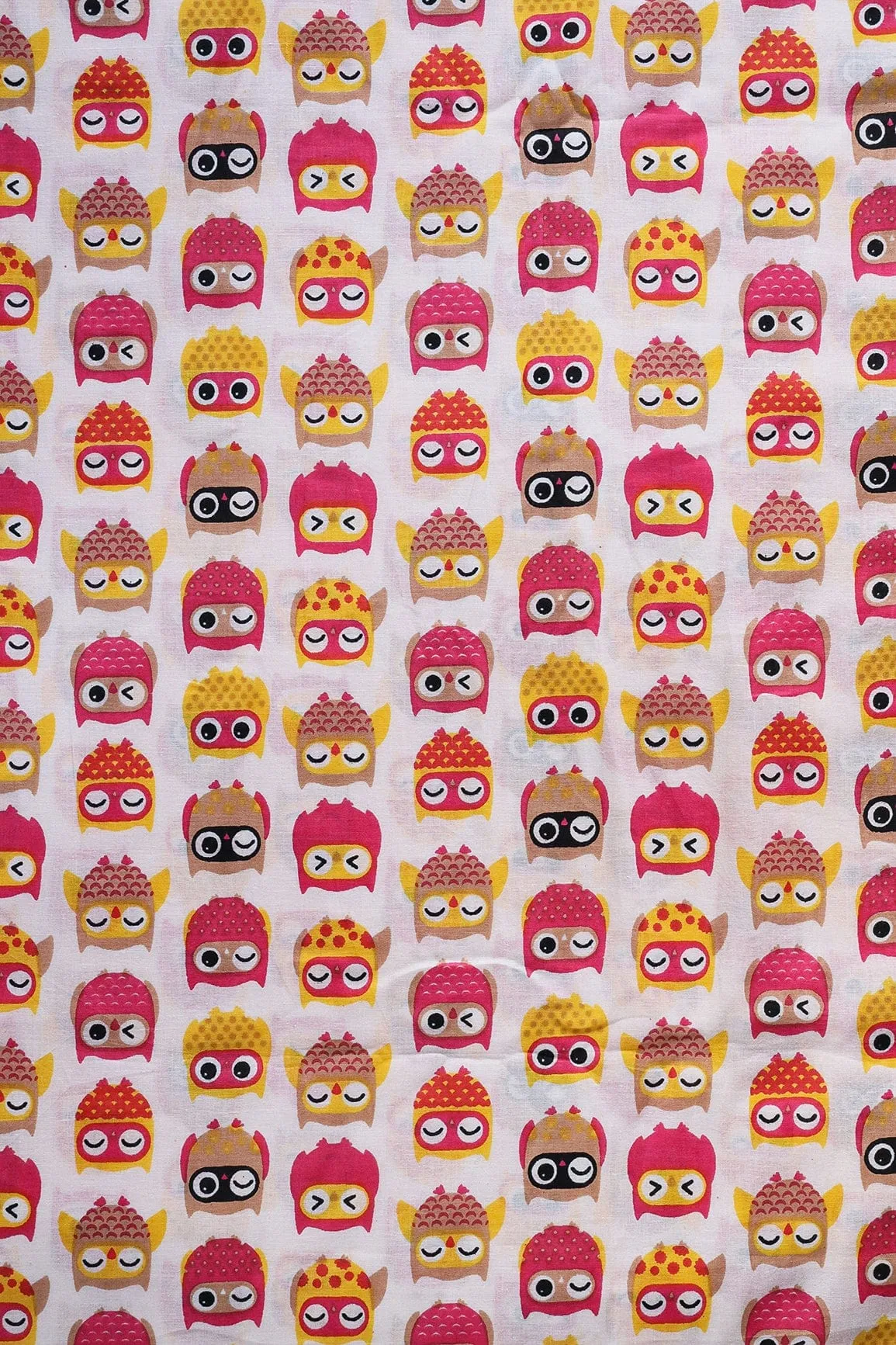 Pink And Yellow Quirky Pattern Print On Off White Pure Cotton Fabric