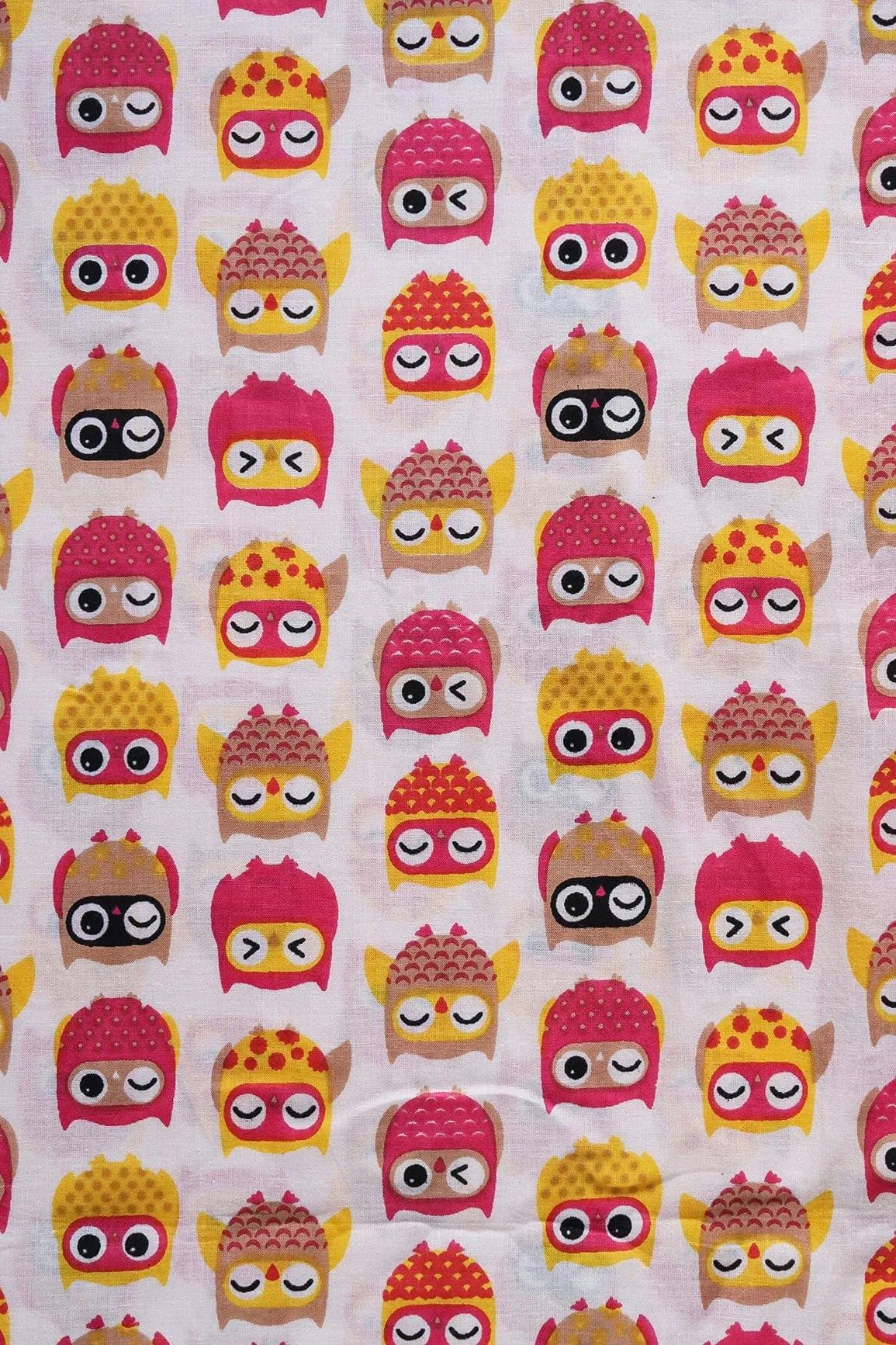 Pink And Yellow Quirky Pattern Print On Off White Pure Cotton Fabric