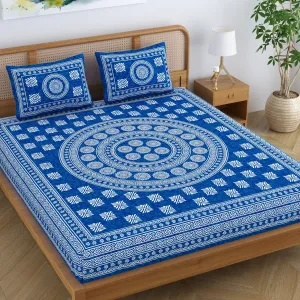 SheetKart Pure Cotton Mandala Blocks Floral Printed Double Bedsheet with 2 Pillow Covers, Light Blue