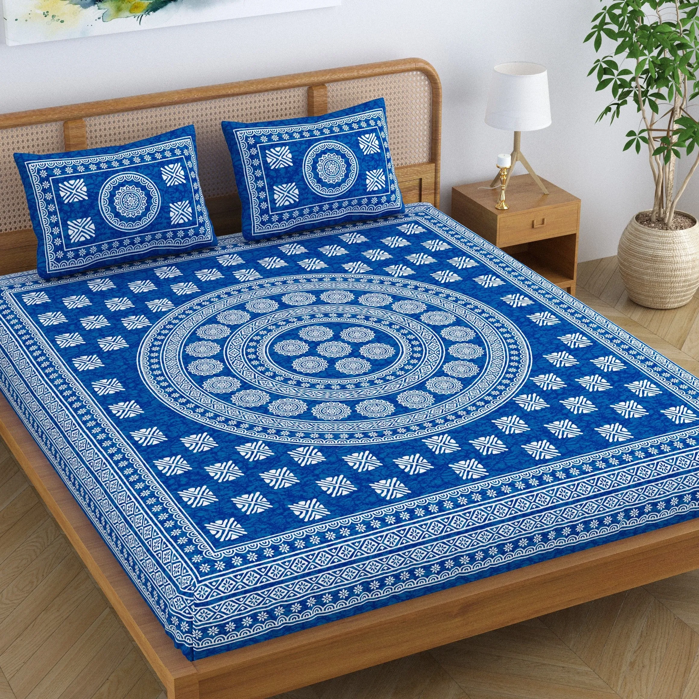 SheetKart Pure Cotton Mandala Blocks Floral Printed Double Bedsheet with 2 Pillow Covers, Light Blue