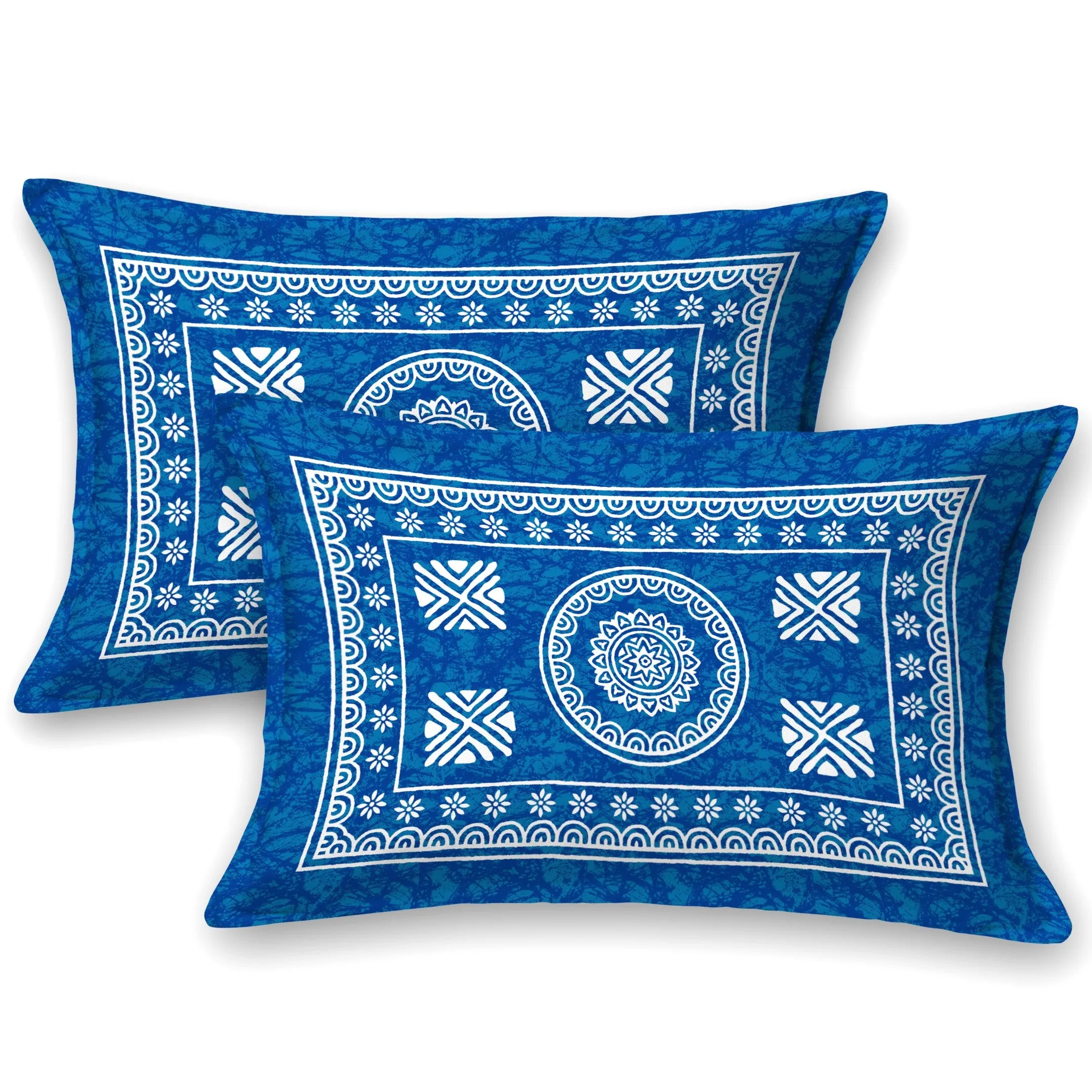 SheetKart Pure Cotton Mandala Blocks Floral Printed Double Bedsheet with 2 Pillow Covers, Light Blue