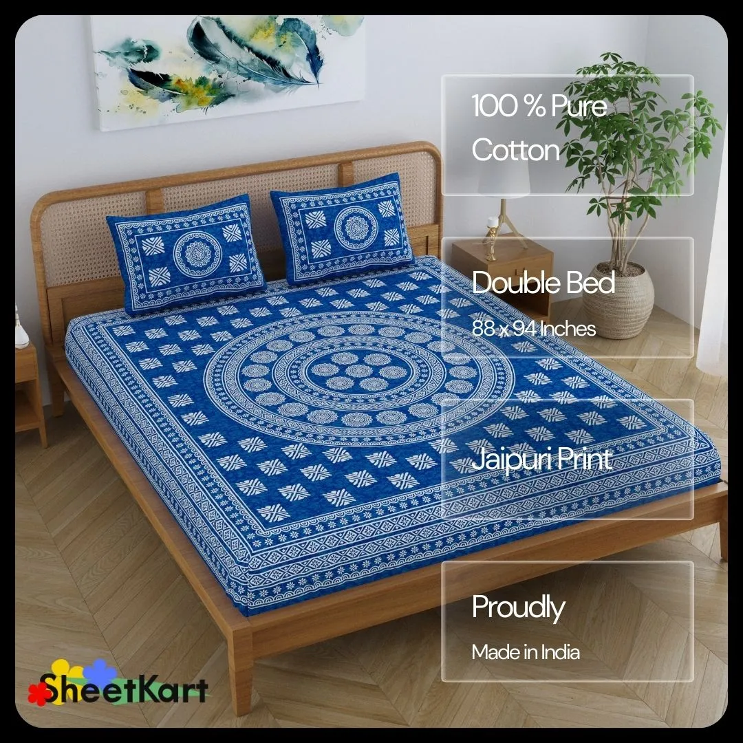 SheetKart Pure Cotton Mandala Blocks Floral Printed Double Bedsheet with 2 Pillow Covers, Light Blue