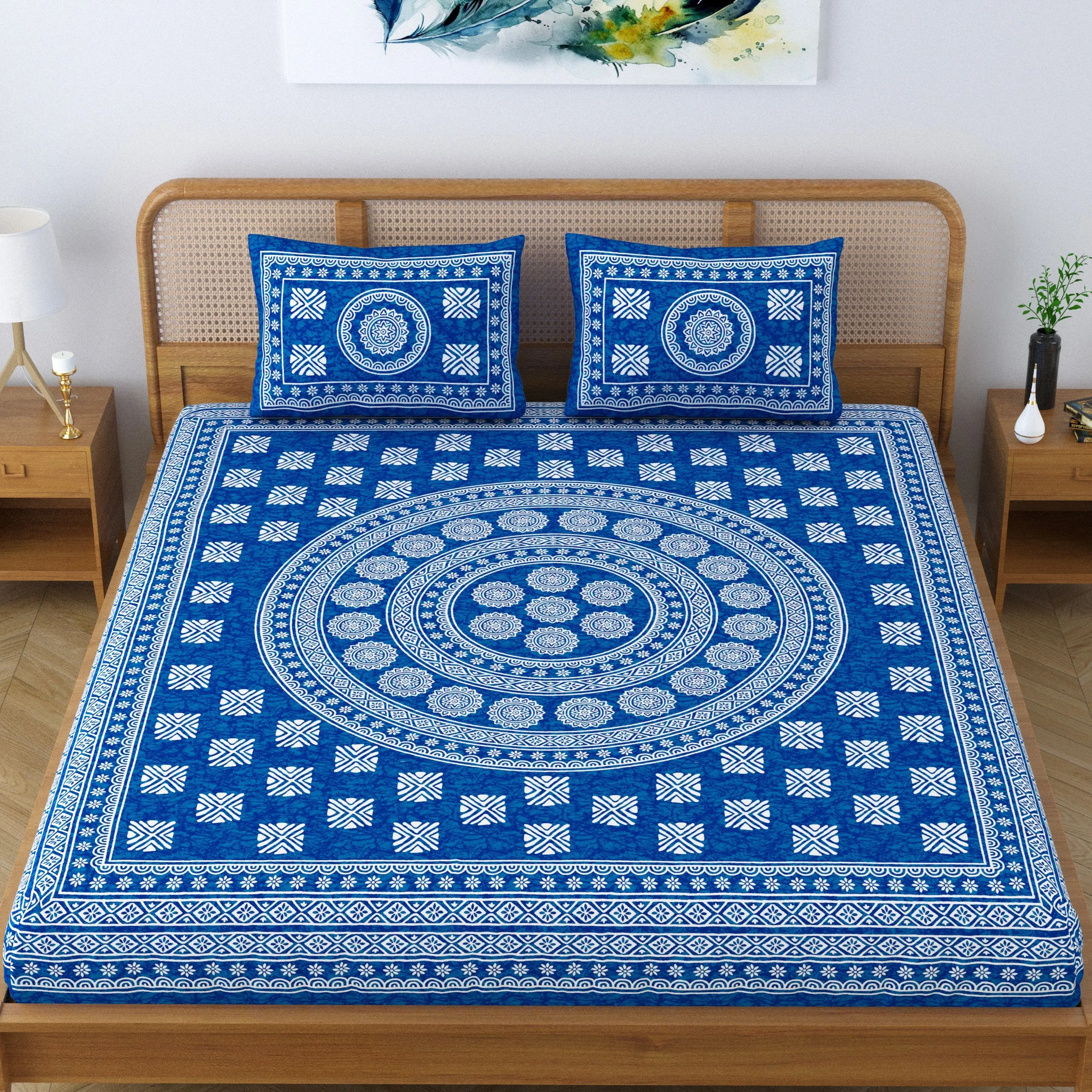 SheetKart Pure Cotton Mandala Blocks Floral Printed Double Bedsheet with 2 Pillow Covers, Light Blue