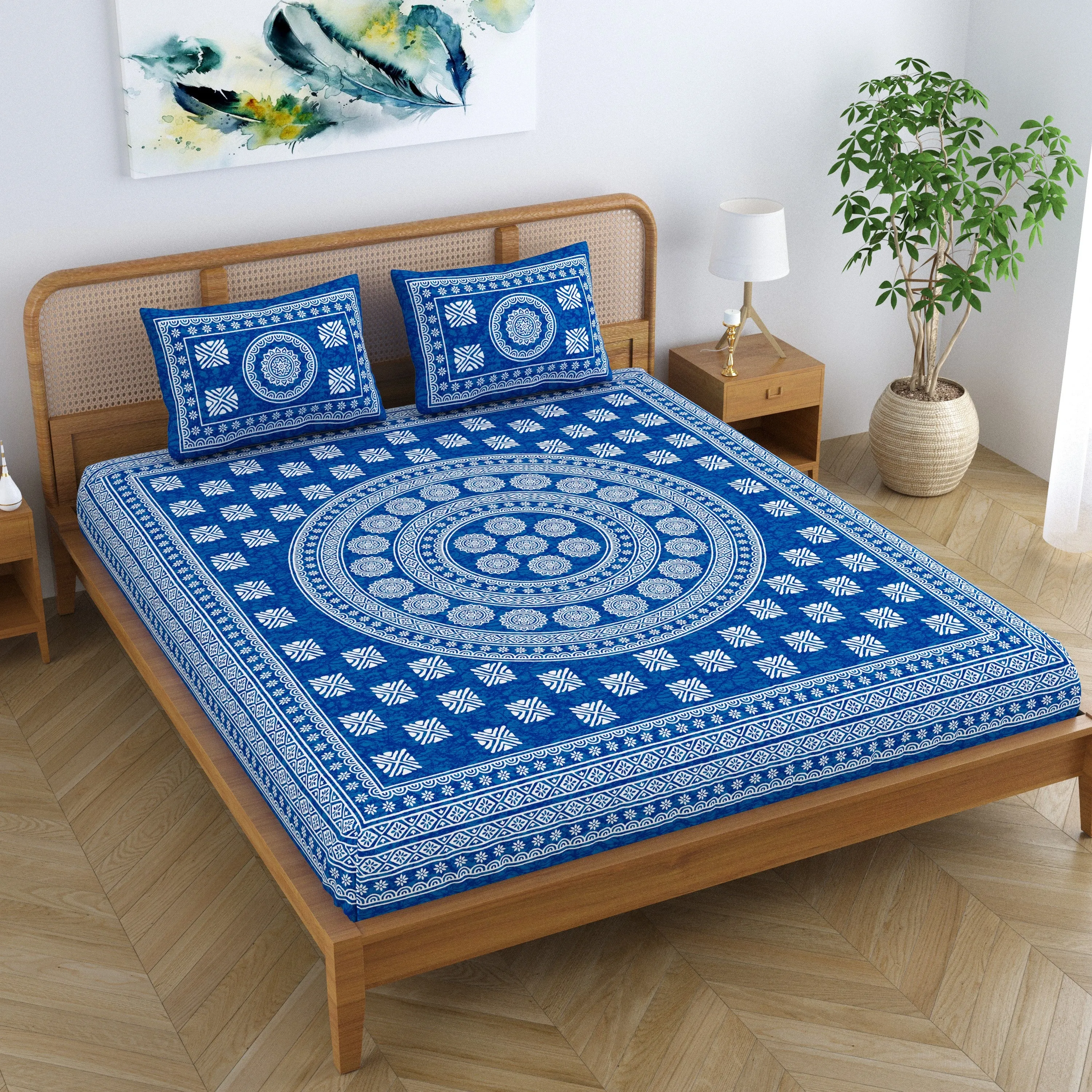 SheetKart Pure Cotton Mandala Blocks Floral Printed Double Bedsheet with 2 Pillow Covers, Light Blue