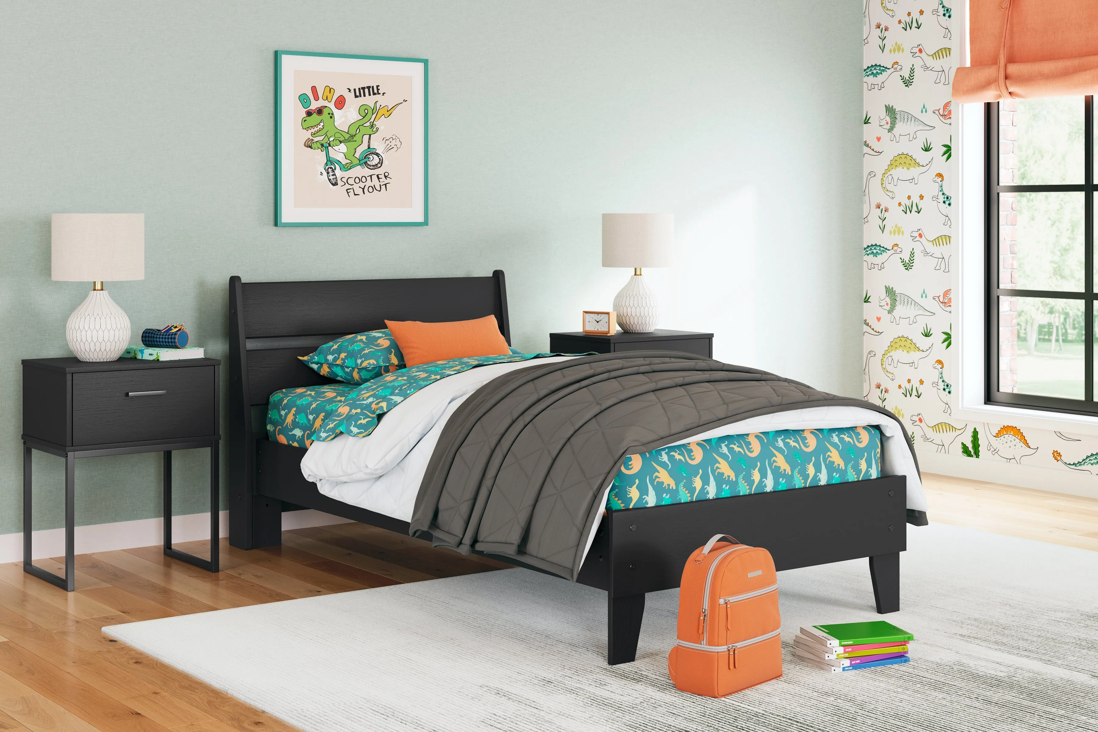 Socalle Twin Panel Platform Bed with Dresser and Chest in Black