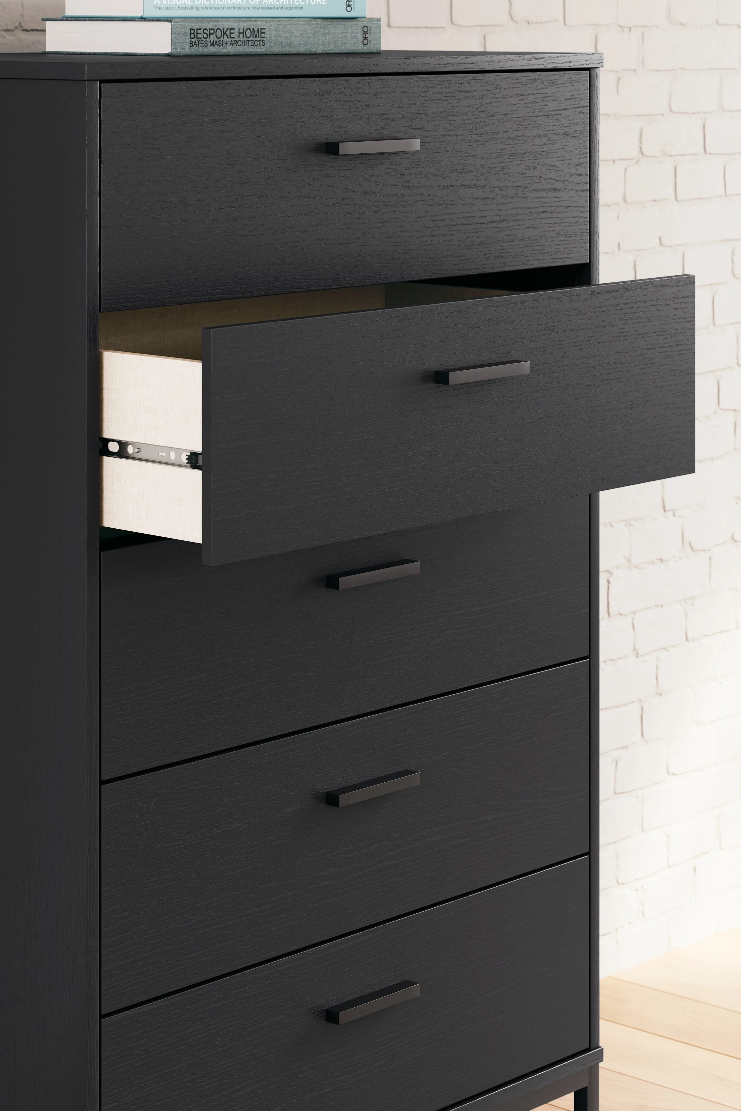 Socalle Twin Panel Platform Bed with Dresser and Chest in Black