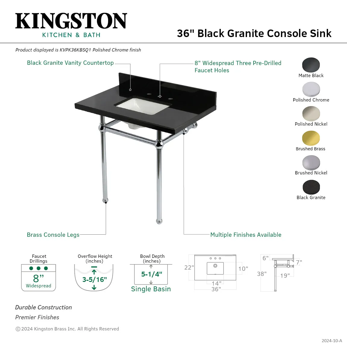 Templeton KVPK36KBSQ0 36-Inch Black Granite Console Sink with Brass Legs, Black Granite/Matte Black
