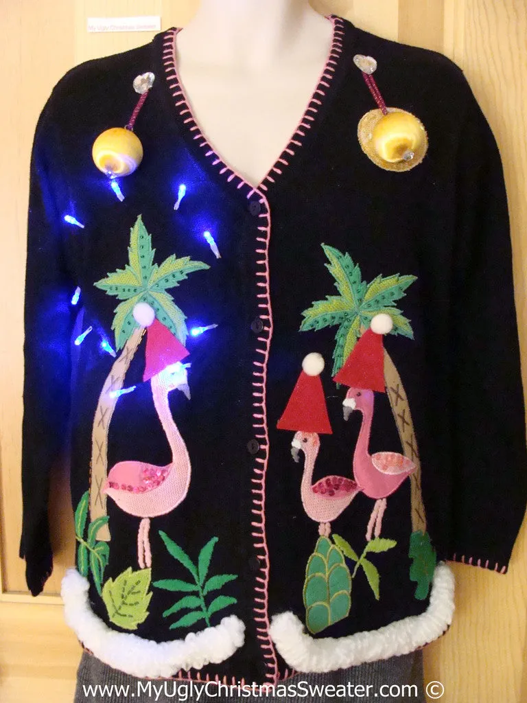 Tropical Themed 3D Ugly Christmas Sweater with Lights Flamingos (t15)