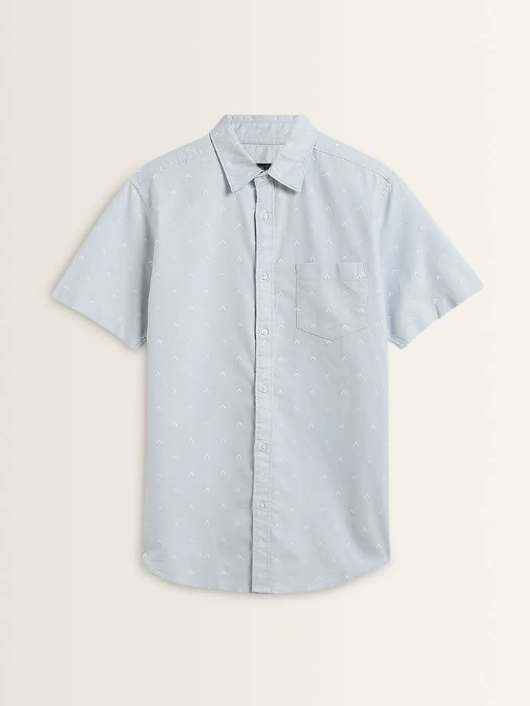WES Casuals Light Blue Printed Relaxed-Fit Cotton Shirt