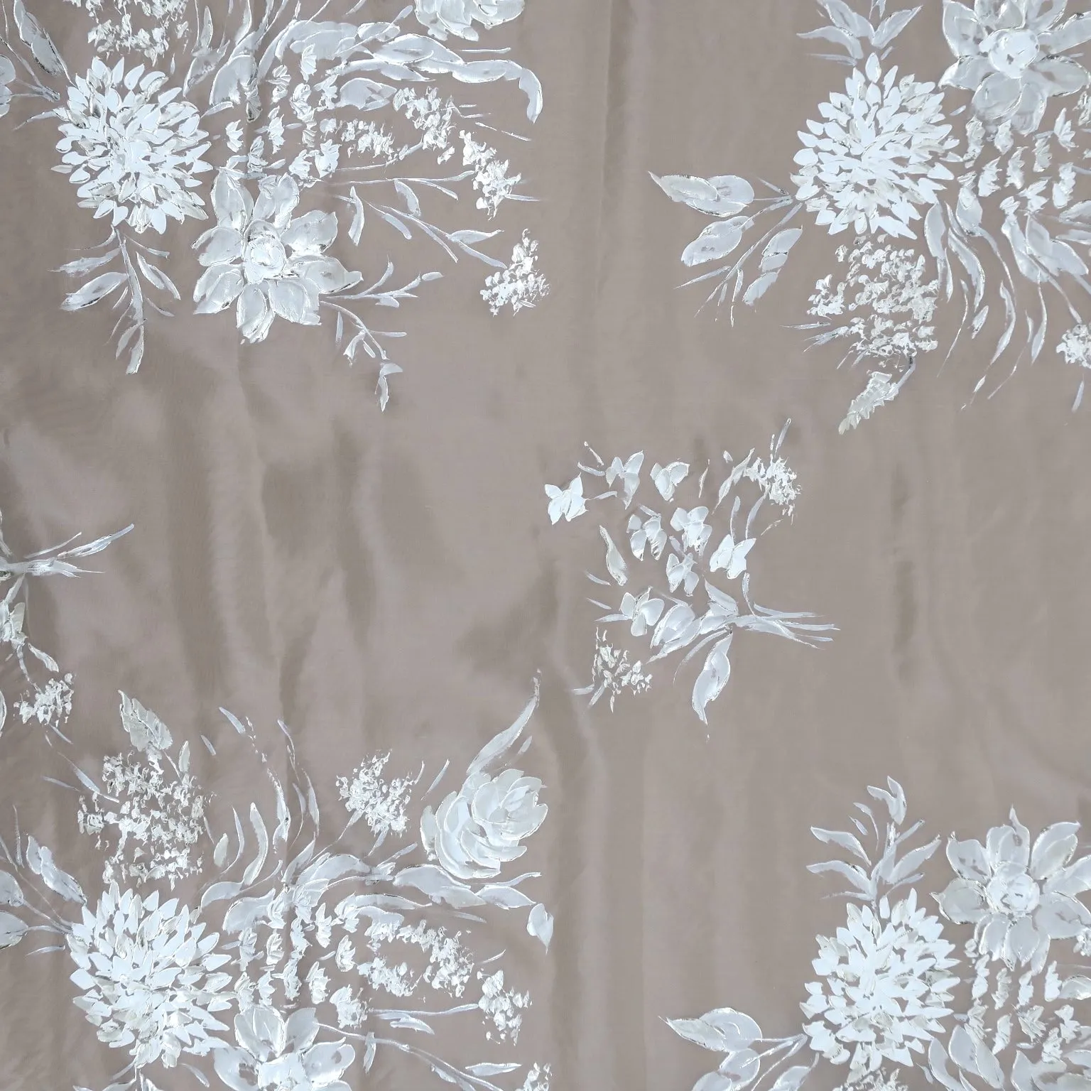 White and Silver Metallic Florals Mosaic Hand PaintedStamp on Sheer Silk Organza Fabric