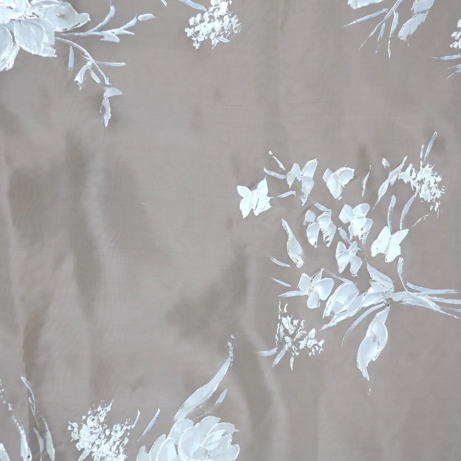 White and Silver Metallic Florals Mosaic Hand PaintedStamp on Sheer Silk Organza Fabric