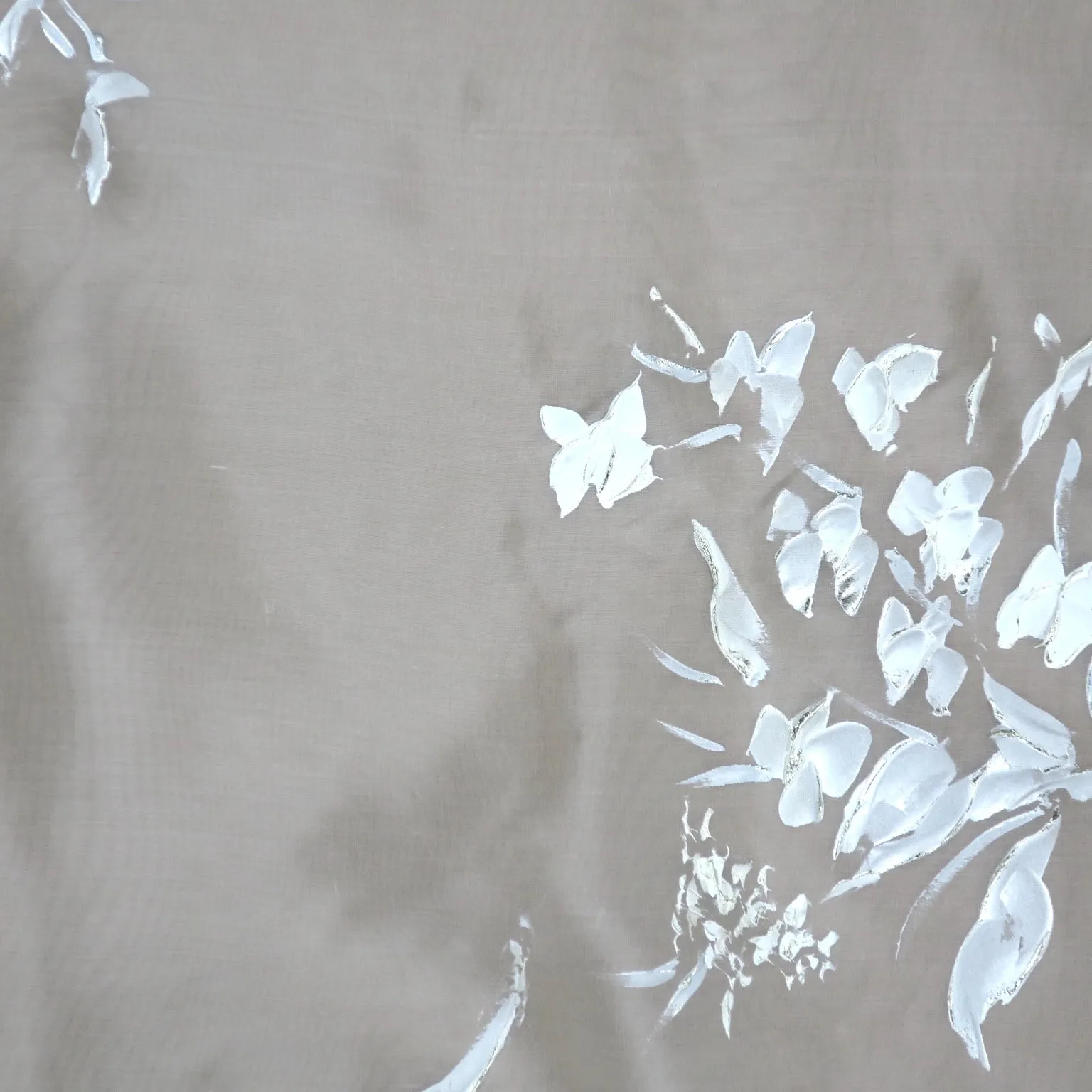 White and Silver Metallic Florals Mosaic Hand PaintedStamp on Sheer Silk Organza Fabric