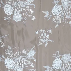 White and Silver Metallic Florals Mosaic Hand PaintedStamp on Sheer Silk Organza Fabric